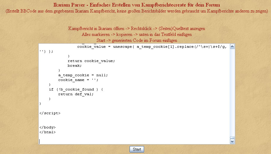 Quelltext im Textfeld des Parsers einfügen
